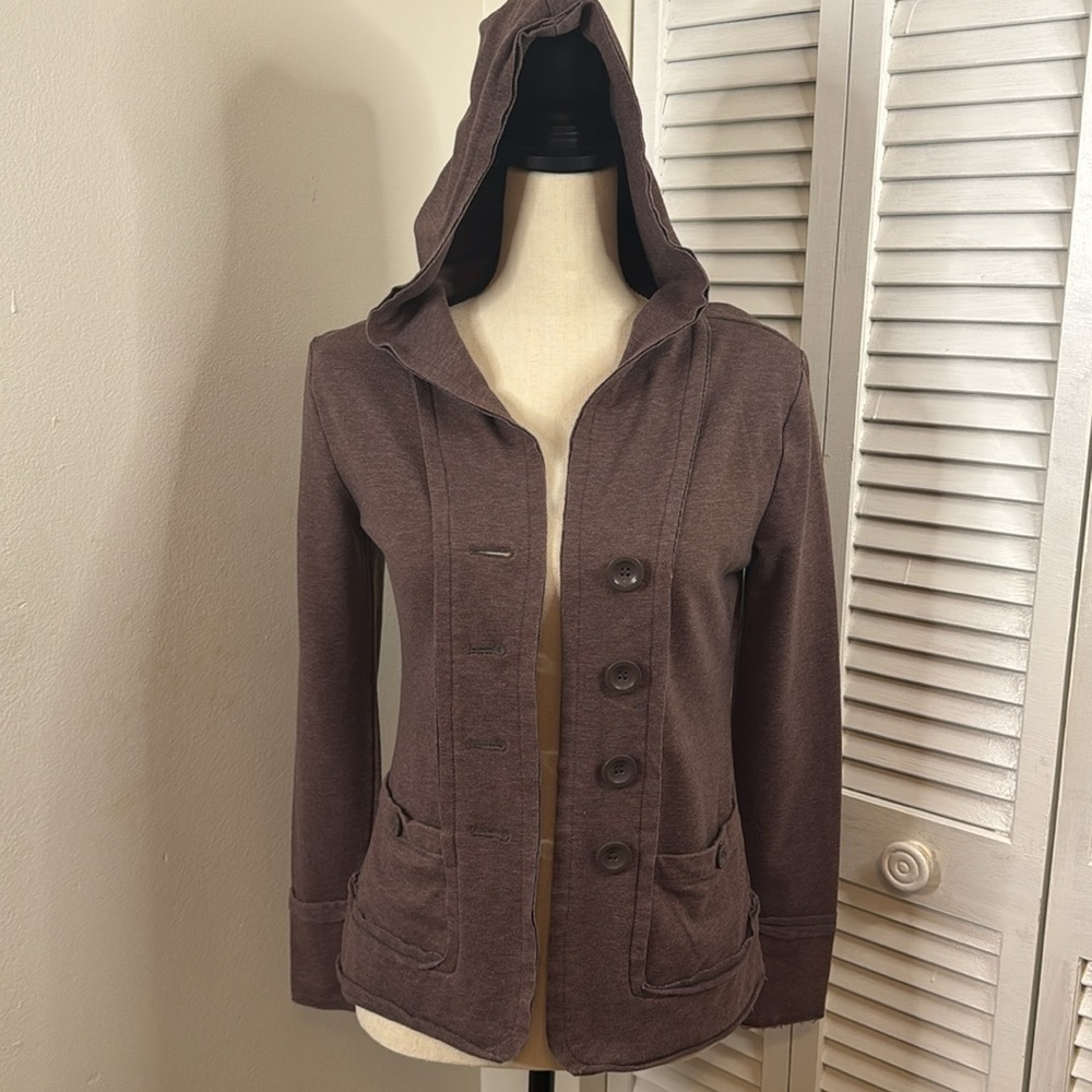 Annabella Brown Button Down Cardigan with Distressed Hem.  Size Small